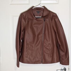 Nina Leonard Cognac Brown Faux Leather Zip Moto Jacket Women’s Medium